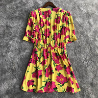 100% Silk Mini Dress Floral Women V-neck Short Dresses Short Sleeve Clothes