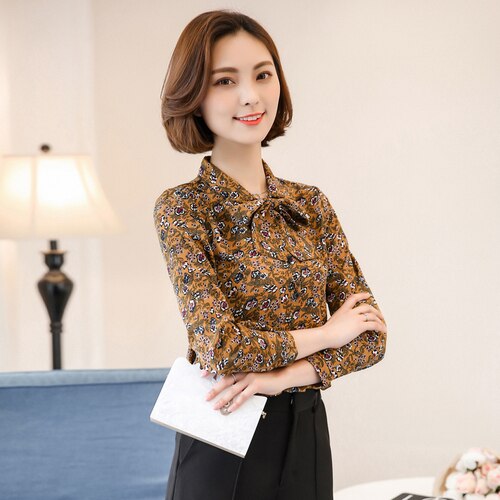 New Plus Size Long Sleeve Women's Tops OL Vintage Lady Shirt Floral Cardigan Bow Chiffon Women Blouses Camisas Mujer 5746 50