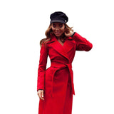 MVGIRLRU elegant Long Women's coat lapel 2 pockets belted Jackets solid color coats Female Outerwear