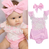 Baby Girls Clothing Lace Flower Baby Rompers + Bow Headband SUits Summer Cute Pink Newborn Infant Outfits Baby Clothes Sets