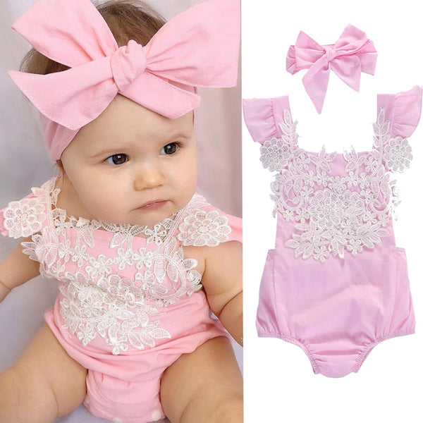 Baby Girls Clothing Lace Flower Baby Rompers + Bow Headband SUits Summer Cute Pink Newborn Infant Outfits Baby Clothes Sets