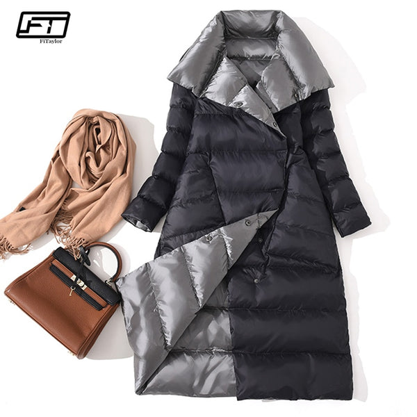 Fitaylor  Women Double Sided Down Long Jacket Winter Turtleneck White Duck Down Coat Double Breasted Warm Parkas Snow Outwear