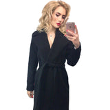 MVGIRLRU elegant Long Women's coat lapel 2 pockets belted Jackets solid color coats Female Outerwear