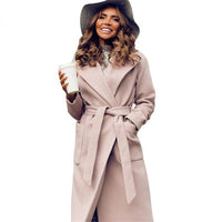 MVGIRLRU elegant Long Women's coat lapel 2 pockets belted Jackets solid color coats Female Outerwear