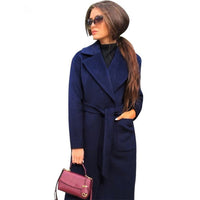 MVGIRLRU elegant Long Women's coat lapel 2 pockets belted Jackets solid color coats Female Outerwear