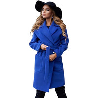 MVGIRLRU elegant Long Women's coat lapel 2 pockets belted Jackets solid color coats Female Outerwear