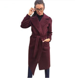 MVGIRLRU elegant Long Women's coat lapel 2 pockets belted Jackets solid color coats Female Outerwear